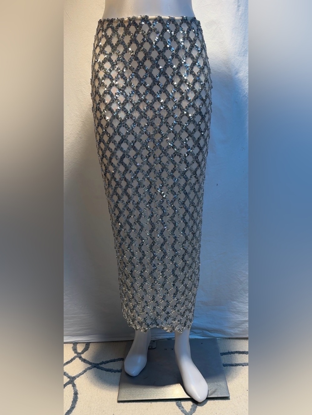 Silver Sequin Lattice Pencil Skirt